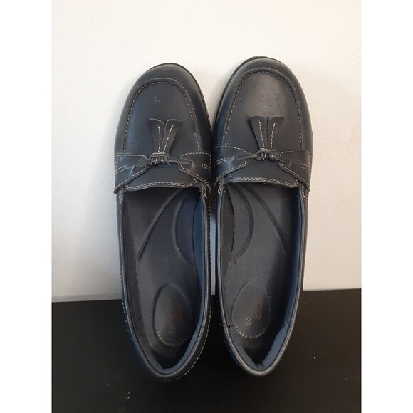 Clarks Collection Leather Slip-On Ultimate Comfort Shoes Ladies 10 Navy Loafers - Picture 4 of 9
